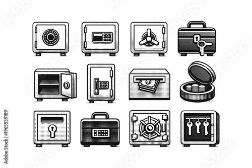 Collection of diverse security safe and vault icons in a graphic illustration style