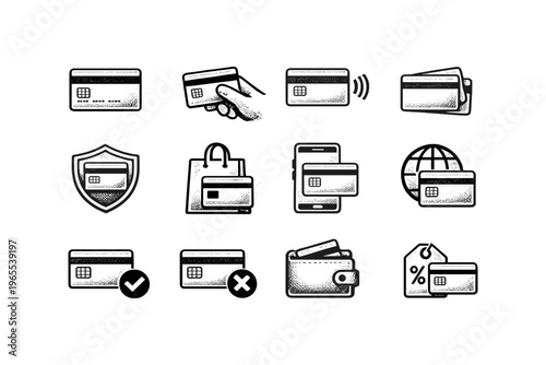 Collection of credit card and payment icons for online and in-store transactions