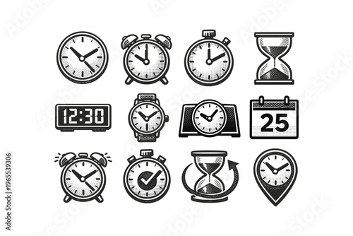Collection of various timekeeping devices and symbols in a graphic illustration