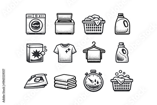 Collection of laundry and cleaning icons in a minimalist, hand-drawn style