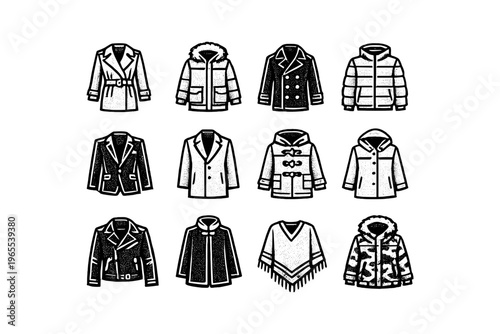 Collection of various outerwear clothing icons in a simple, clean illustration style