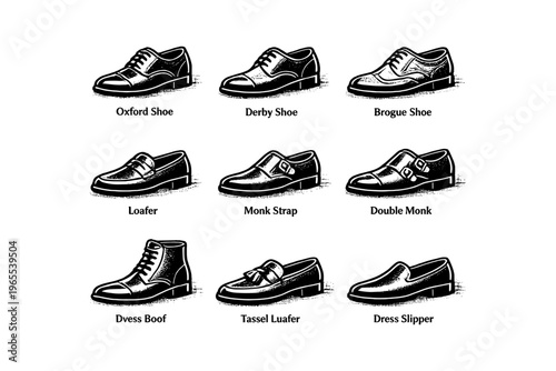Collection of classic men's dress shoe styles illustrated on a white background