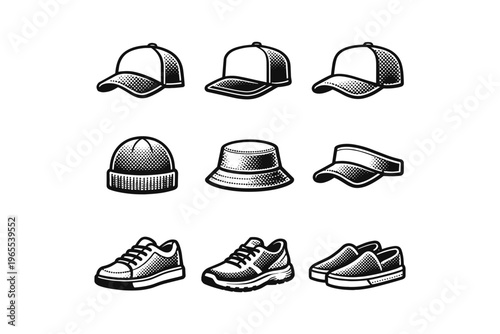 Collection of black and white icons featuring headwear and footwear designs