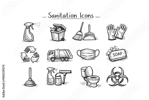 Collection of hand-drawn sanitation and cleaning icons on a white background