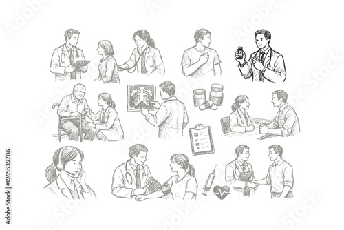 Collection of medical professionals interacting with patients in various healthcare settings