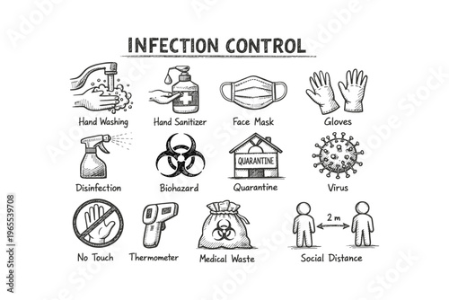 Infection control measures including hand washing, masks, and social distancing