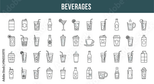 Collection of various beverage icons in a linear style arrangement