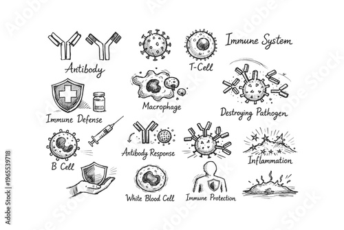 Hand-drawn icons illustrating the human immune system's defense mechanisms and components