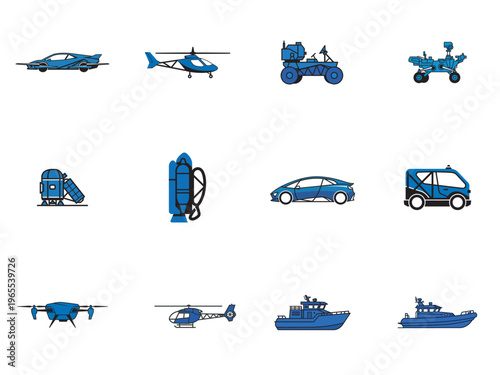 set of blue transportation vehicles isolated on white background
