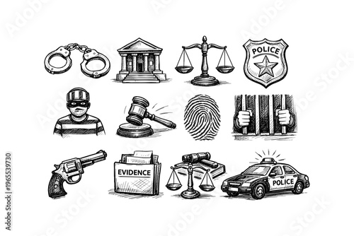 Collection of hand-drawn legal and crime icons representing justice and law enforcement