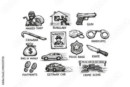 Collection of hand-drawn crime and law enforcement icons on a white background