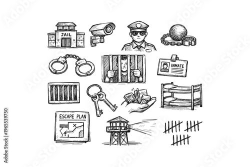 Collection of hand-drawn prison and justice icons for conceptual use