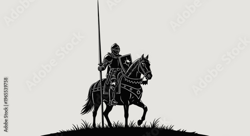 Medieval Knight in Full Armor on Horseback with Lance and Shield Silhouette Illustration