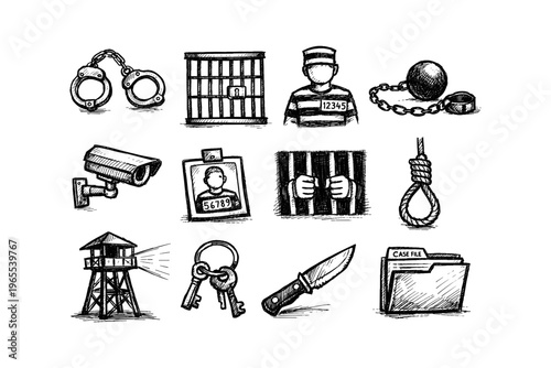 Collection of hand-drawn prison and crime-related icons in a sketch style