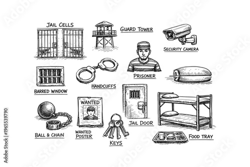 Collection of hand-drawn illustrations depicting elements of a prison environment