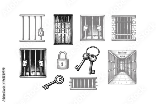 Collection of prison bars, locks, and keys in a vintage sketch style