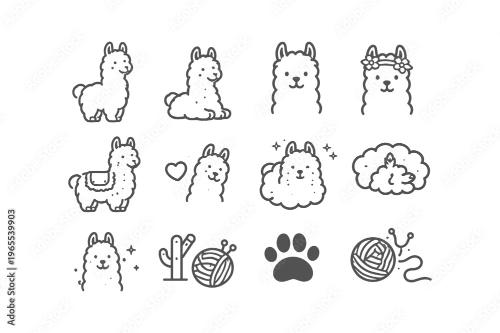 Naklejka premium Cute llama icons and symbols in a simple line art style for various uses