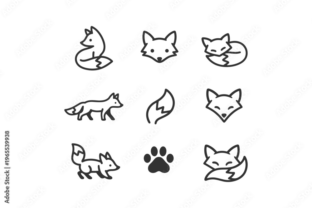Naklejka premium Collection of simple line art icons featuring foxes and a paw print