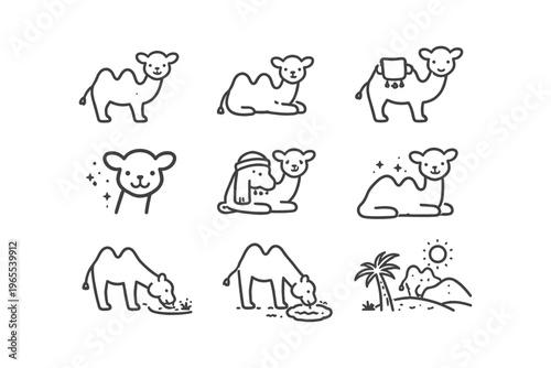 Collection of charming line art camel icons depicting various desert activities and poses