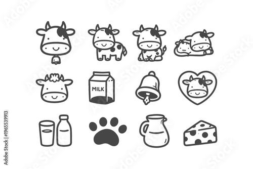 Cute hand-drawn cow icons and dairy products for a charming farm theme