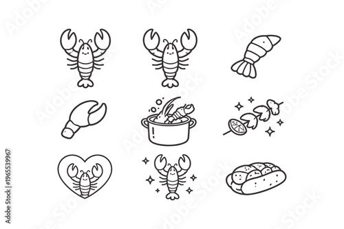 Cute cartoon lobster and seafood icons for culinary designs