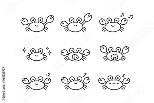 Cute cartoon crab icons with various expressions and actions