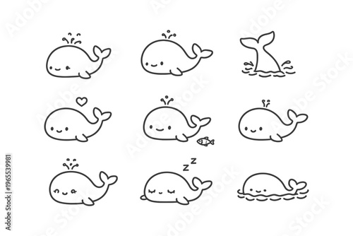 Collection of cute kawaii whale illustrations in a simple line art style