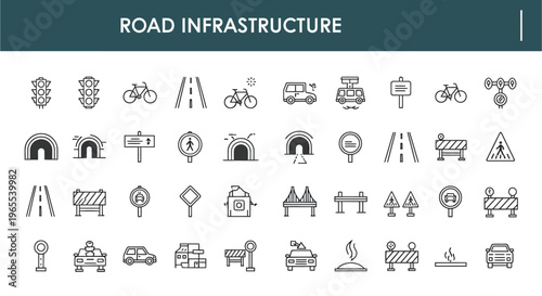 Road infrastructure icons traffic signs signals and transportation elements