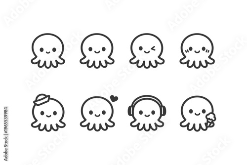 Collection of cute, simple cartoon octopuses with various expressions and accessories