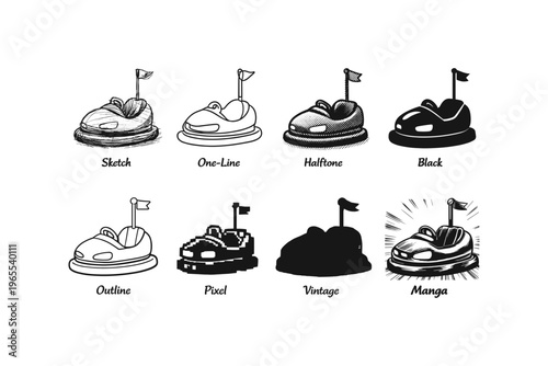 Collection of bumper car illustrations in various artistic styles