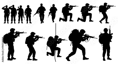 Set of Military Soldier Silhouettes in Tactical Poses; Army Infantry, Special Forces with Weapons and Gear, Saluting and Aiming Rifles, Isolated on White Background