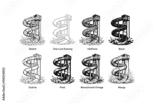 Collection of water slide illustrations in various artistic styles and techniques