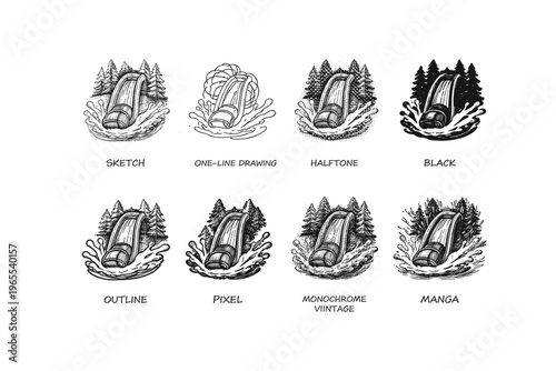 Collection of eight different artistic styles of a waterslide in a forest setting