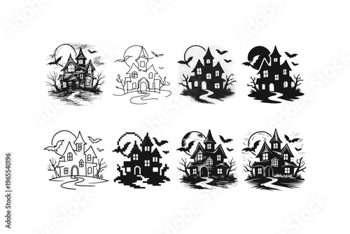 Collection of spooky haunted houses with bats and full moon illustrations
