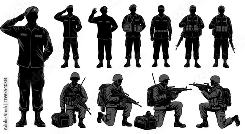 Military Soldier Silhouettes and Combat Infantry Illustrations, Saluting Army Personnel and Tactical Troops in Uniform, Set of Graphic Icons for Defense and Service