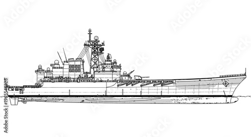 Detailed Military Battleship Line Art Illustration - Modern Warship Vessel Drawing on White Background