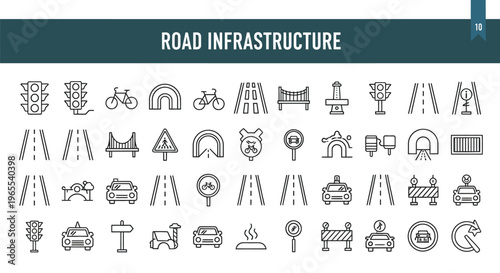 Line art illustration depicting various elements of modern road infrastructure