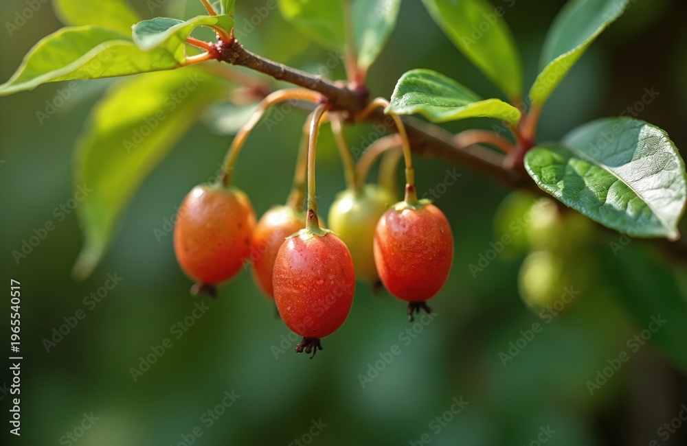 Obraz premium Actinidia berries grow on a garden branch. Small oval red fruits hang on vine stem. Green leaves provide shade. Ripe harvest waits. Nature provides healthy food.