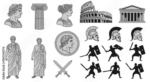 Ancient Roman History Icon Set with Caesar, Colosseum, Greek Architecture, and Legionary Soldiers