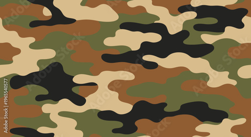 Seamless Woodland Camouflage Pattern Background in Classic Green, Brown, Tan, and Black