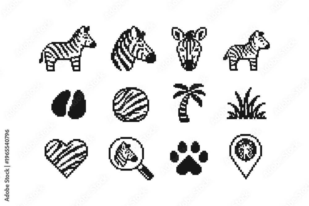 Obraz premium Collection of pixel art icons featuring zebras and safari elements