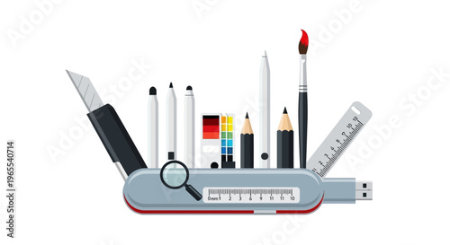 Creative Design Multi-tool Illustration - Versatile Graphic Designer Toolkit with Art Supplies, Tech Gadgets, and Professional Equipment Isolated on White