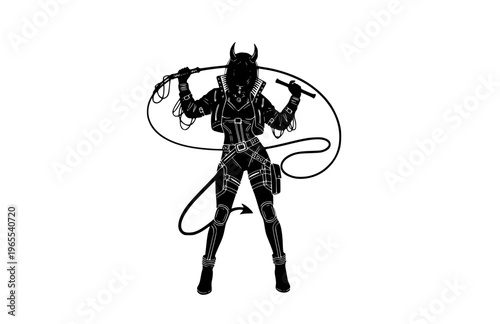 Cyberpunk Devil Woman with Whip Silhouette, Modern Edgy Alternative Fashion Vector Sticker, High Contrast Subculture Heroine Illustration