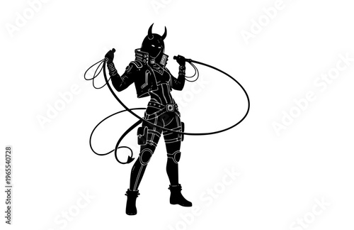 Cyberpunk Devil Woman with Whip Silhouette, Modern Edgy Alternative Fashion Vector Sticker, High Contrast Subculture Heroine Illustration