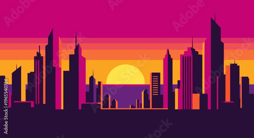 Minimalist Retrowave City Skyline Illustration at Sunset with Vibrant Pink and Orange Tones