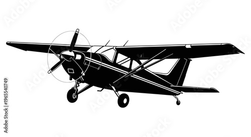 Black and White Silhouette of a Vintage Single-Engine Propeller Plane - Private Light Aircraft Vector Illustration