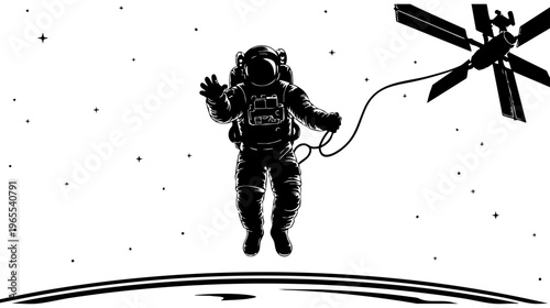 Astronaut in space with tether and satellite isolated on transparent background, Vector