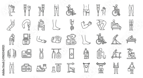 Collection of linear icons depicting various physical therapy and rehabilitation concepts