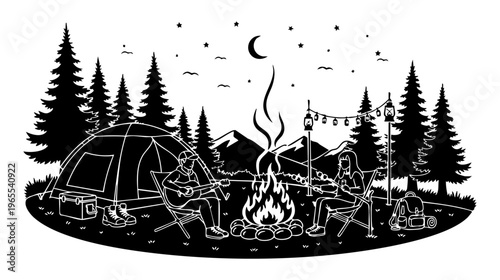 A campsite at night with a tent and a campfire isolated on transparent background, Vector
