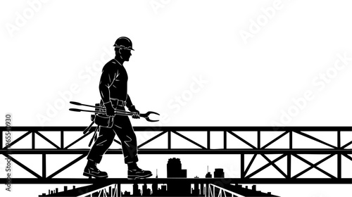 A construction worker walks across a bridge with tools isolated on transparent background, Vector
